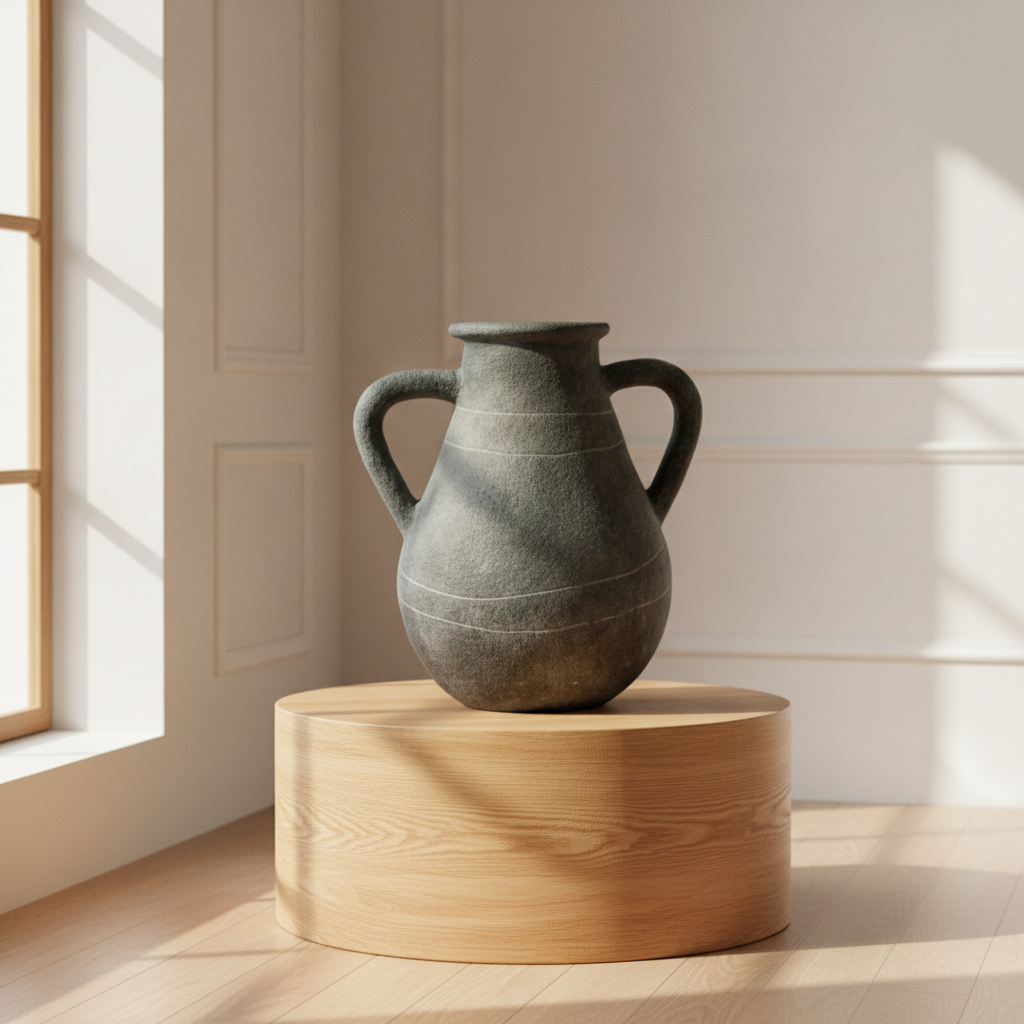 Handcrafted Black Clay Vase with Double Handles – Rustic Modern Home Decor Pottery